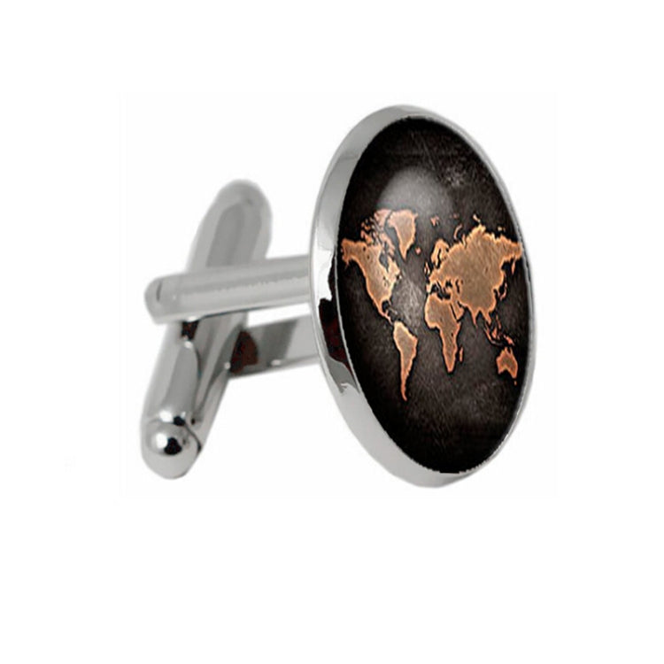 Silver-tone round world map cufflinks with dark background and bronze continents
