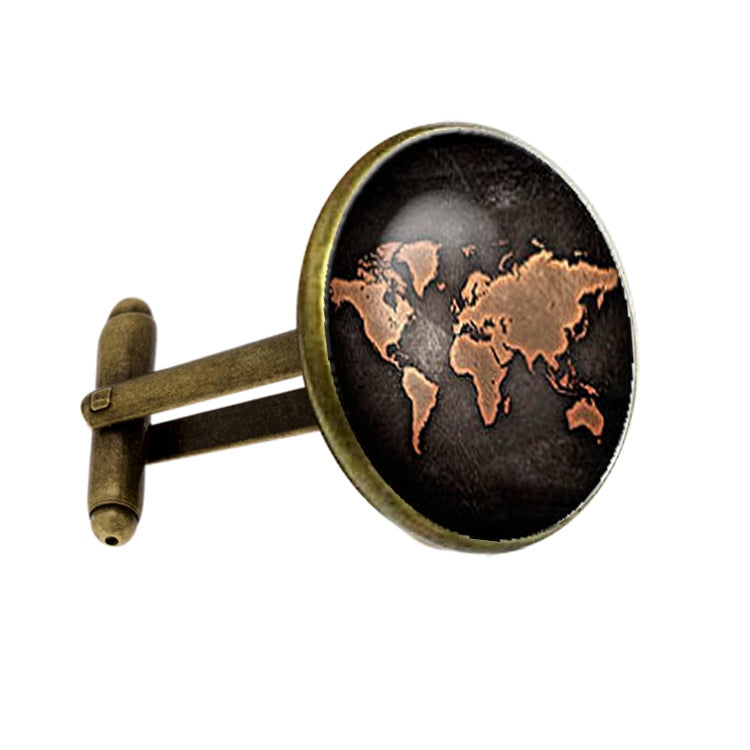 Bronze-tone round world map cufflinks, dark face with copper continents