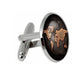 Silver-tone cufflinks with round world map face, black background and bronze continents