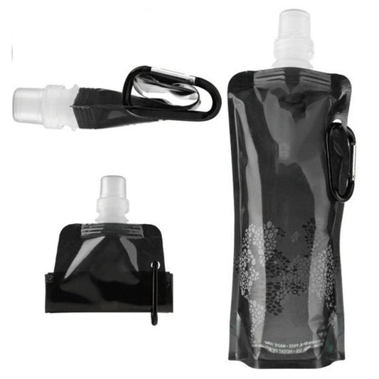 Collapsible silicone water bag in dark black with loop carabiner and flip cap.