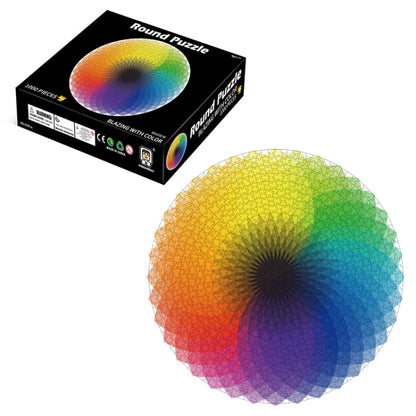 Round rainbow gradient jigsaw puzzle with matching box, circular target design