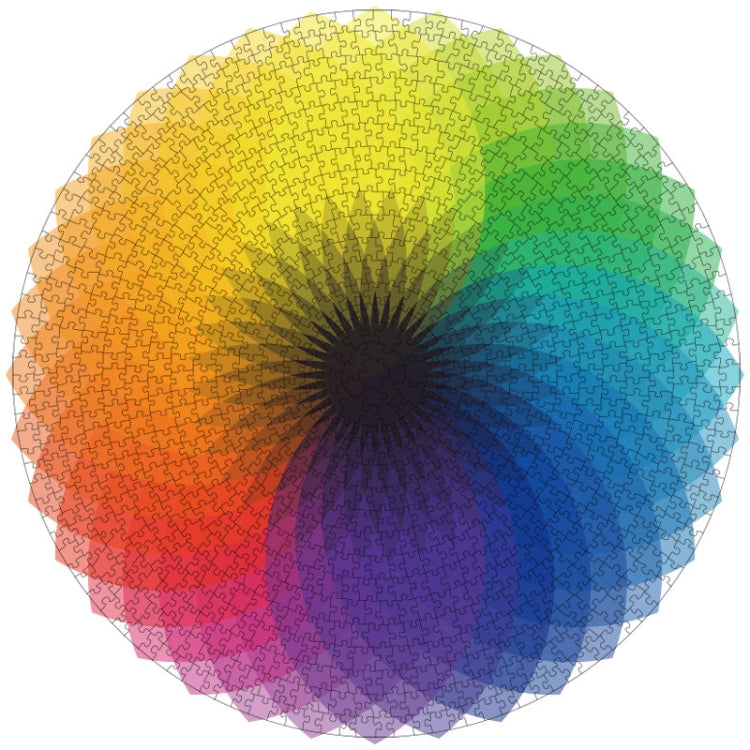 Circular rainbow swirl jigsaw puzzle showing multicolor rings and a dark center