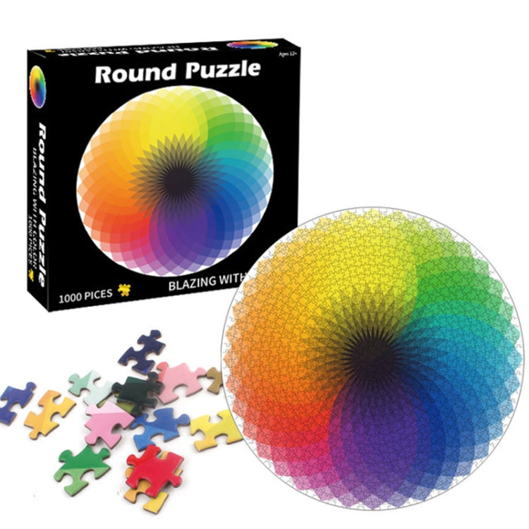 Round jigsaw puzzle set with rainbow swirl design, plus scattered pieces