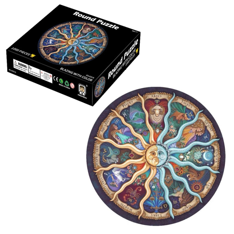 Round jigsaw puzzle with colorful underwater creature artwork, circular design