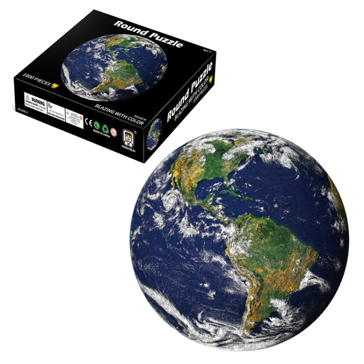 Round jigsaw puzzle featuring Earth globe artwork, circular planet design
