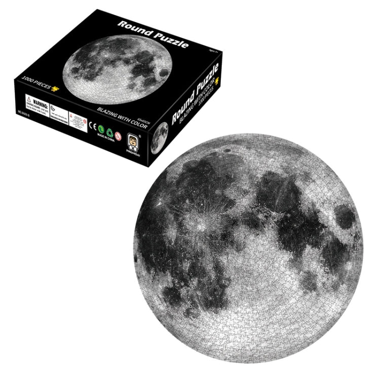 Round jigsaw puzzle with gray moon surface artwork, circular lunar design
