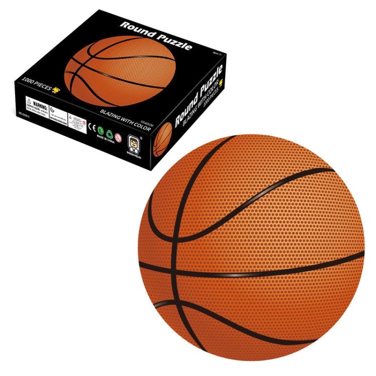 Round jigsaw puzzle with basketball graphic and matching box, circular sports design