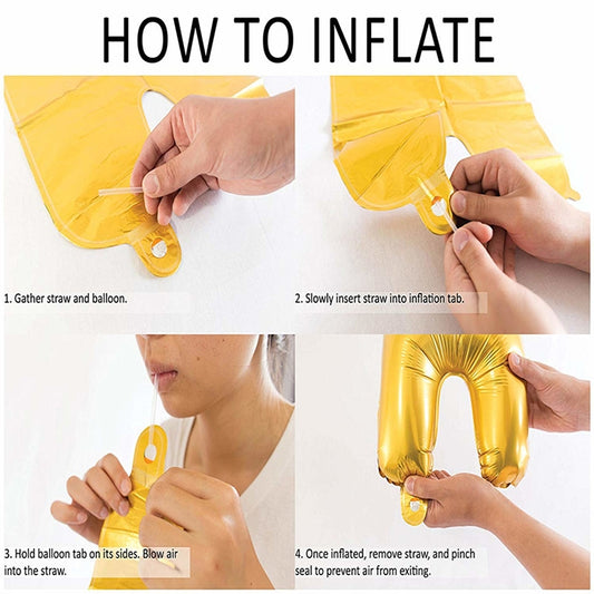 Gold foil number balloon inflation guide showing hands inserting straw and tab