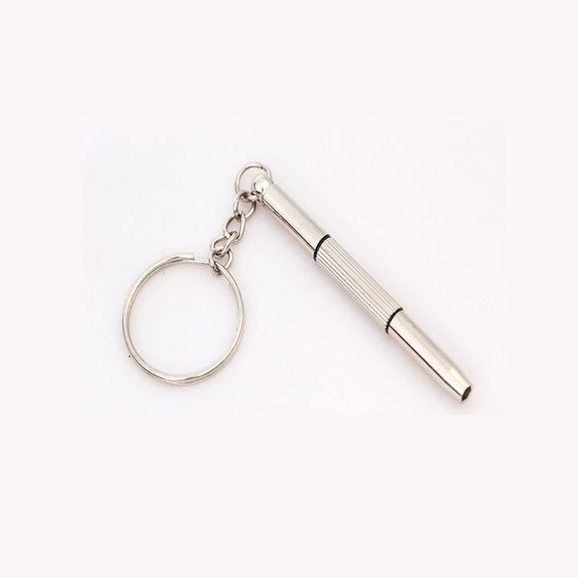 Mini screwdriver keychain tool with key ring, silver metal, pointed tip