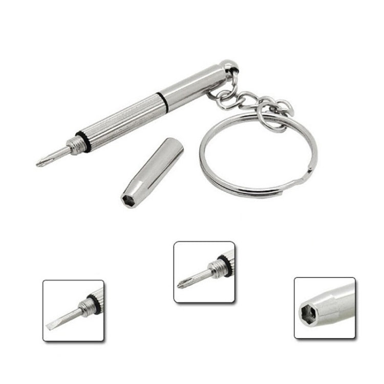 Screwdriver-shaped keychain tool with key ring and spare bit pieces