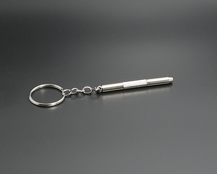 Screwdriver-shaped keychain tool with round key ring and silver metal body
