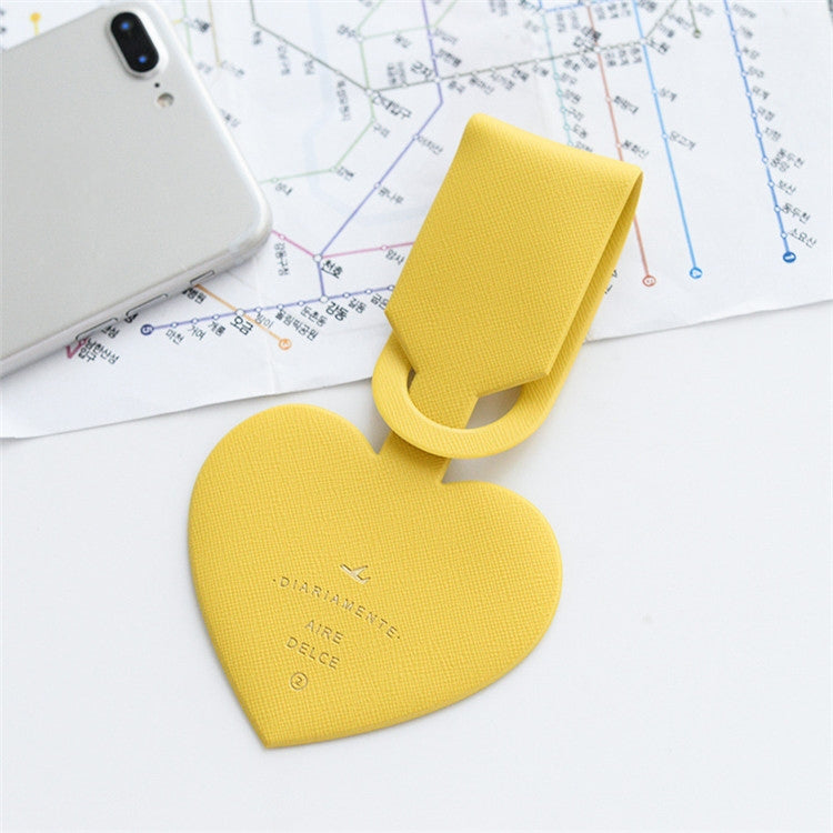 Yellow heart-shaped luggage tag with hanging loop for name card and travel pass