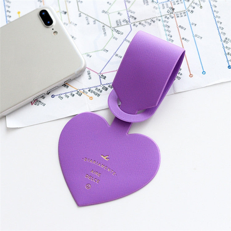 Purple heart-shaped luggage tag with hanging loop for name card and travel pass