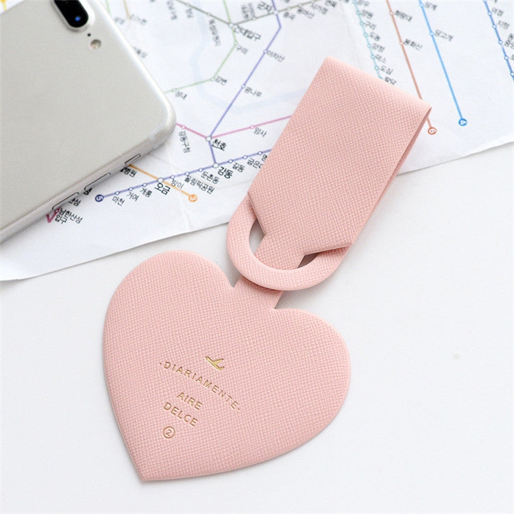 Pink heart-shaped luggage tag with hanging loop for name card and travel pass