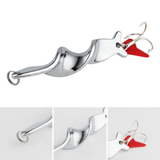 Silver rotating metal fishing lure with red spinner blade and treble hook