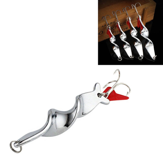 Silver rotating metal fishing lure with red spinner blade and treble hook