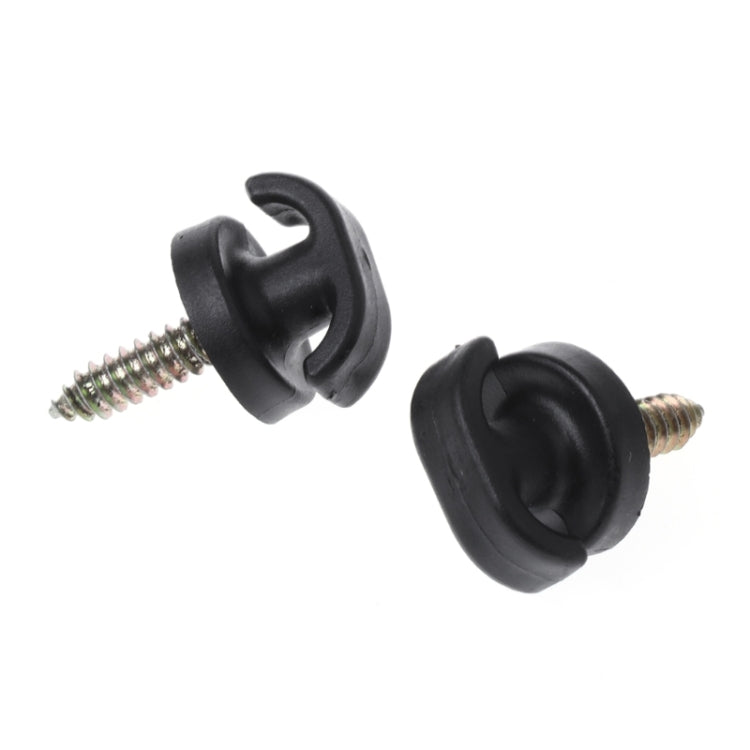 Black plastic luggage net hook links with metal screws, angled close-up (2 pcs)