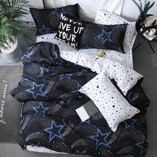 Star bedding set, dark navy duvet with white star pillows and matching pillowcases