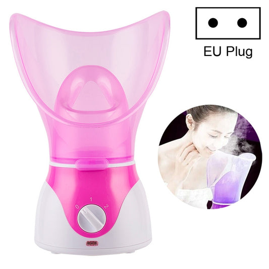Pink facial steam device with see-through top bowl and dial control, EU plug.