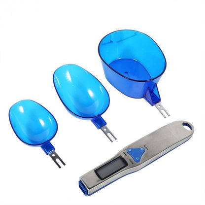 Blue digital spoon scales with LCD display and three scoop cups