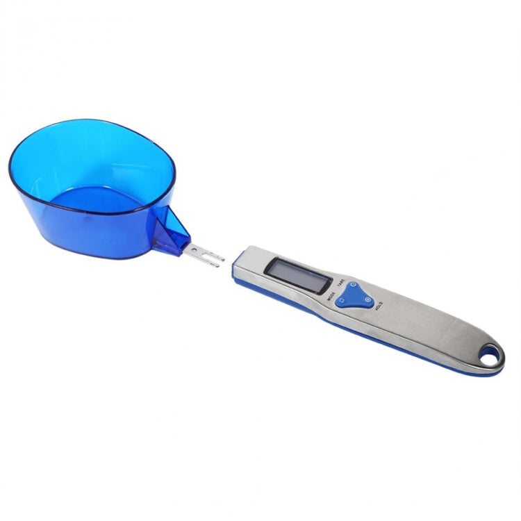 Blue digital spoon scale with LCD display and long metal handle