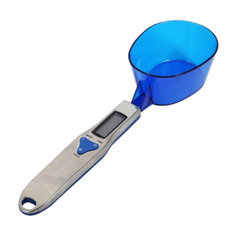Blue digital spoon scale scoop with LCD display on metal handle
