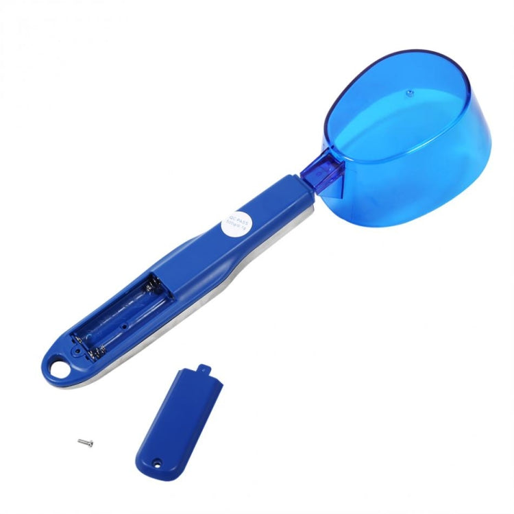 Blue digital spoon scale with scoop cup and LCD handle, opened view