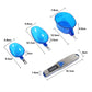 Blue digital spoon scale set with size measurements and LCD display handle