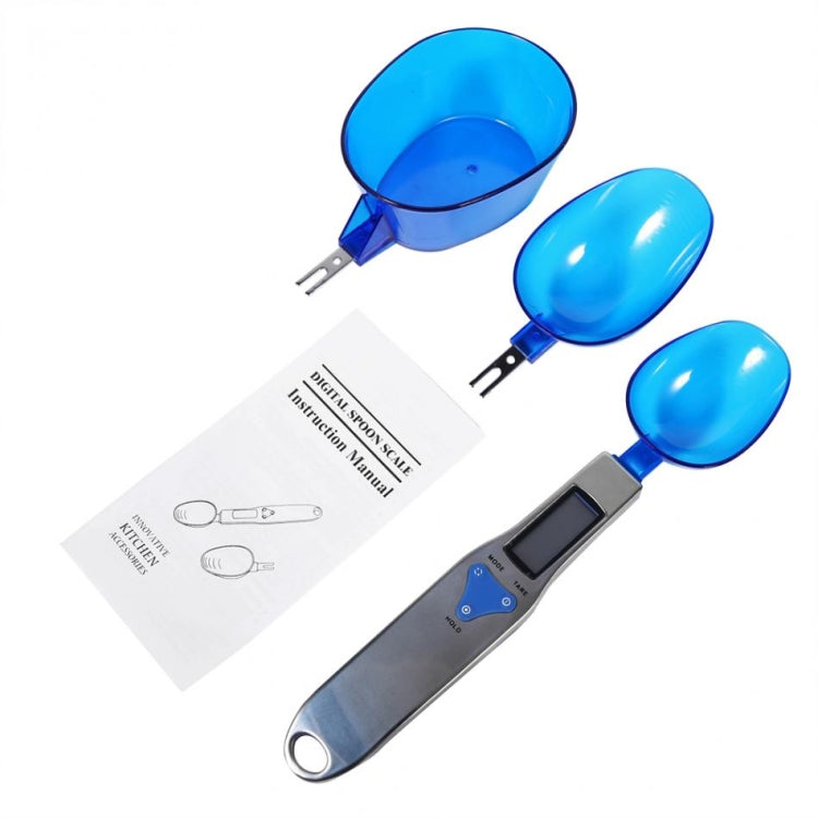 Digital spoon scale kit with three blue scoops, LCD handle, and instruction sheet