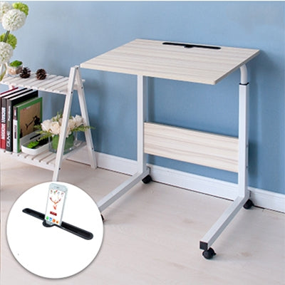 Removable laptop desk in light wood with drawer, phone slot, and rolling casters