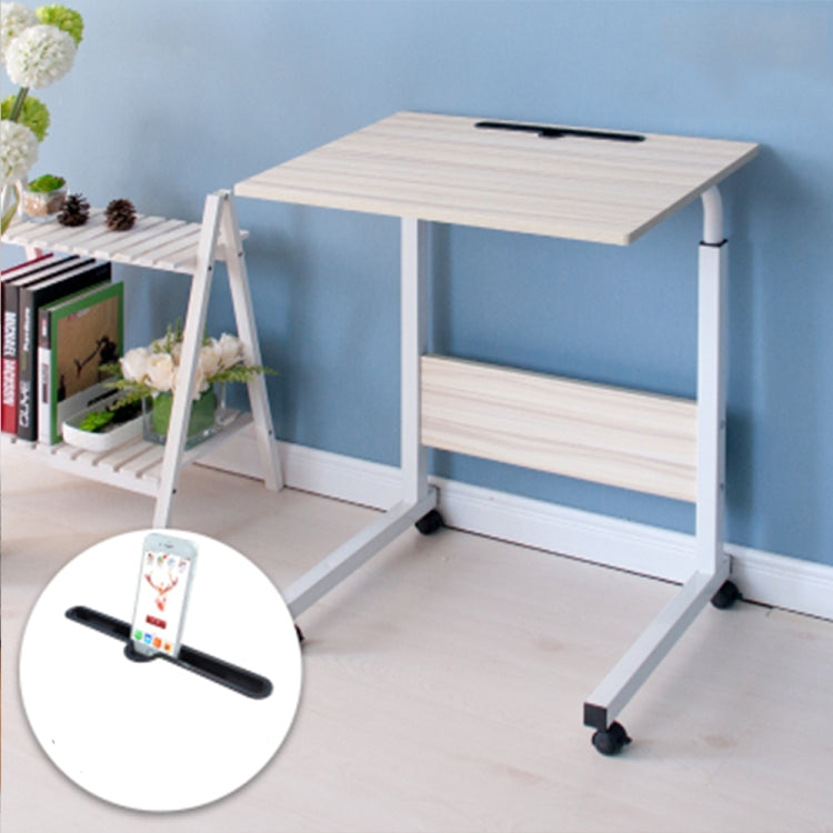 Removable laptop desk with light wood top, phone slot, storage shelf, and rolling casters