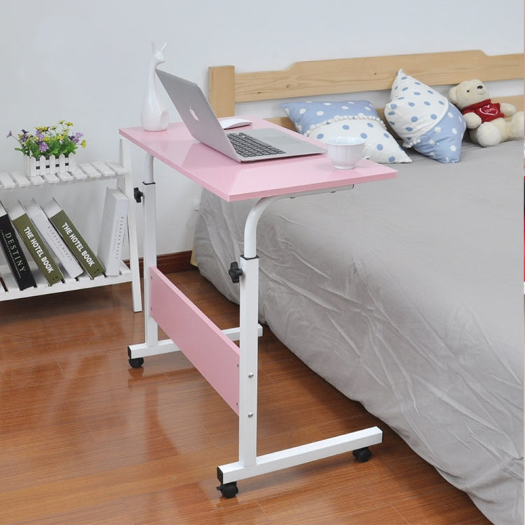 Removable laptop desk with pink top, white frame, storage shelf, and rolling casters