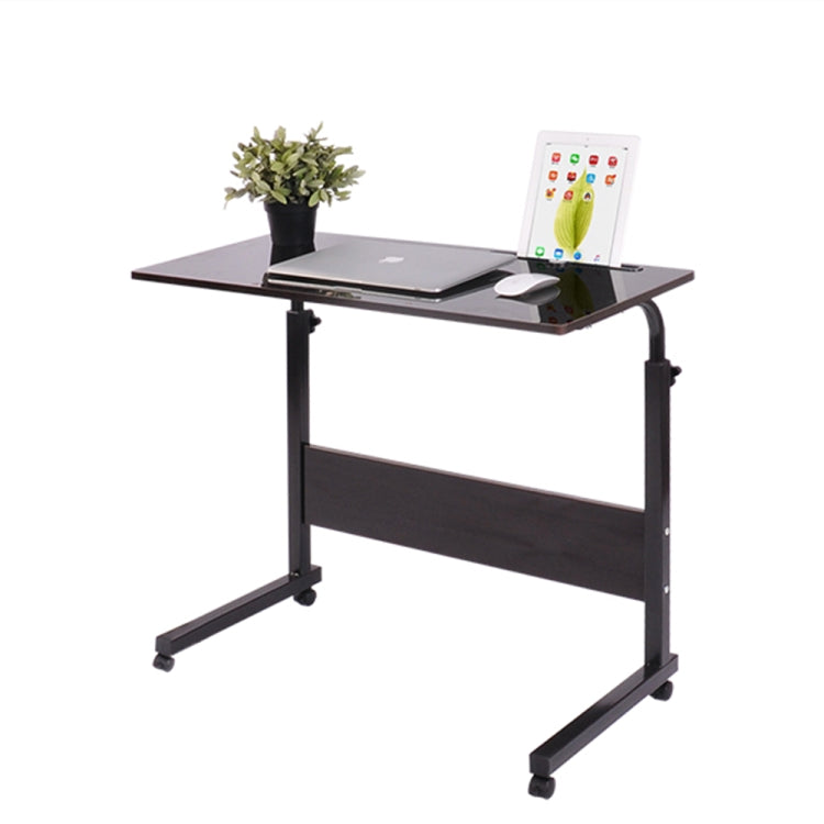 Removable laptop desk with dark top, two-tier shelf, and rolling casters
