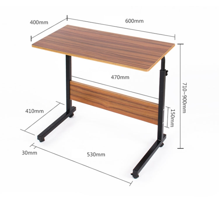 Removable laptop desk with storage shelf, 60x40cm top, and rolling casters (dimensions shown)