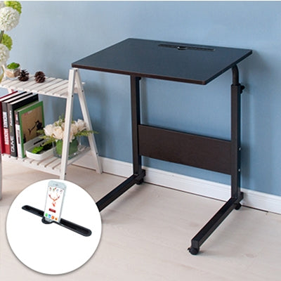 Removable laptop desk in dark wood with phone slot, storage shelf, and rolling casters