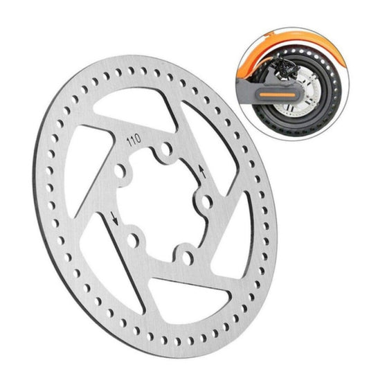 Electric scooter disc brake rotor, silver slotted round disc with mounting holes