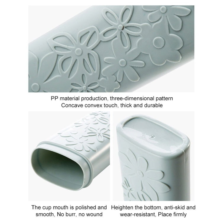 Close-up of carved flip-top toothbrush holder in light blue with floral embossing