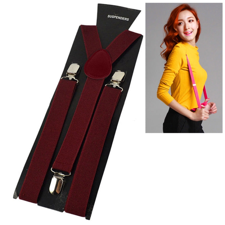 Burgundy adjustable suspenders with round center patch and silver metal clips