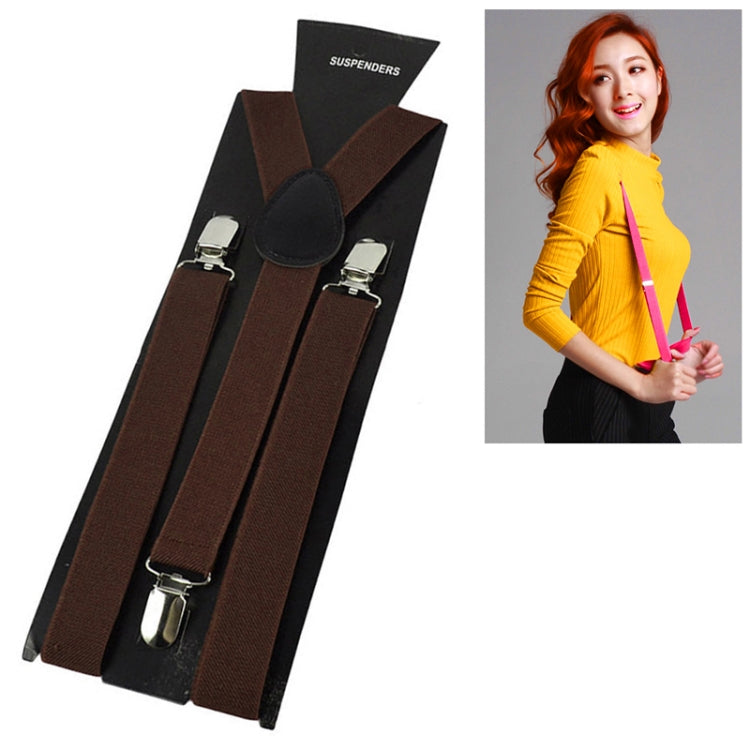 Coffee brown adjustable suspenders with round center patch and silver metal clips