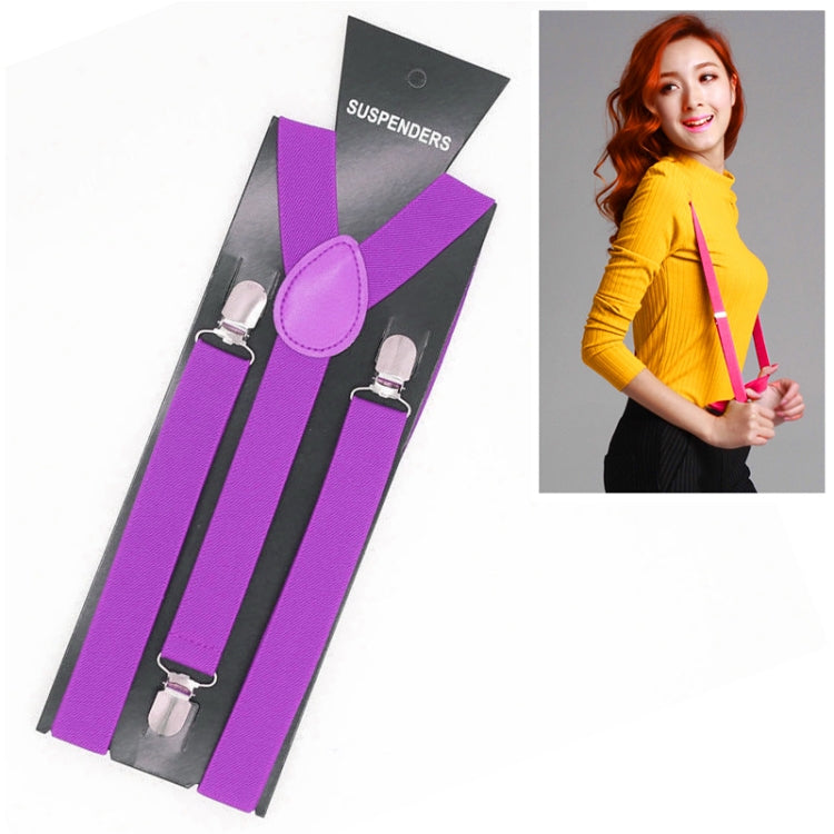 Purple adjustable suspenders with round center patch and silver metal clips