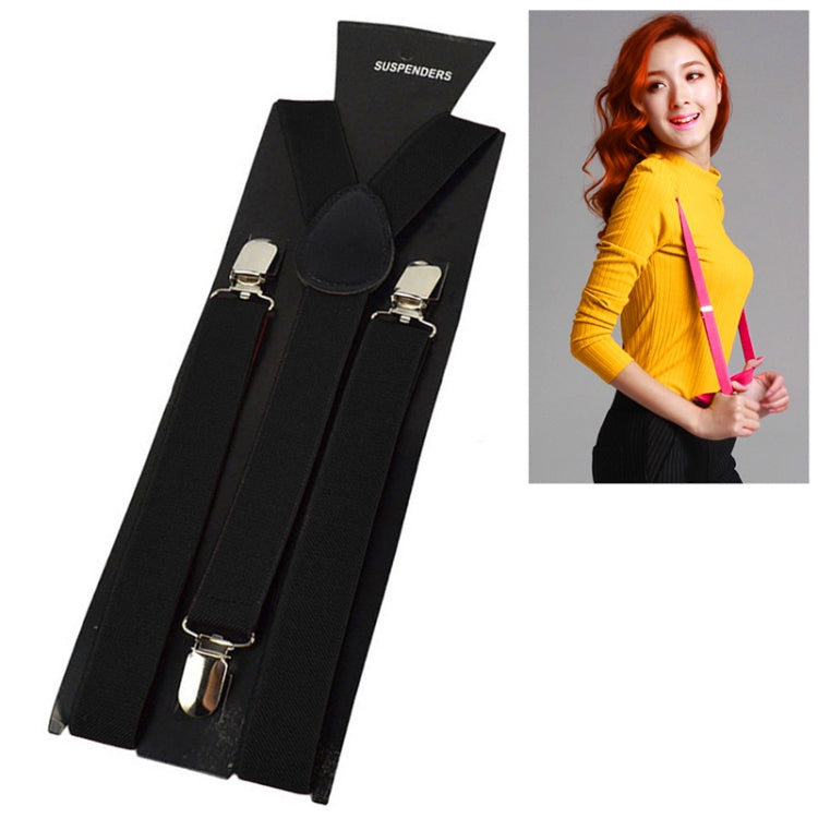Black adjustable suspenders with round center patch and silver metal clips