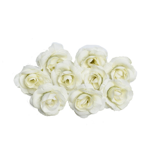 Milk white artificial silk rose flower heads set, small 4cm blooms on green stems