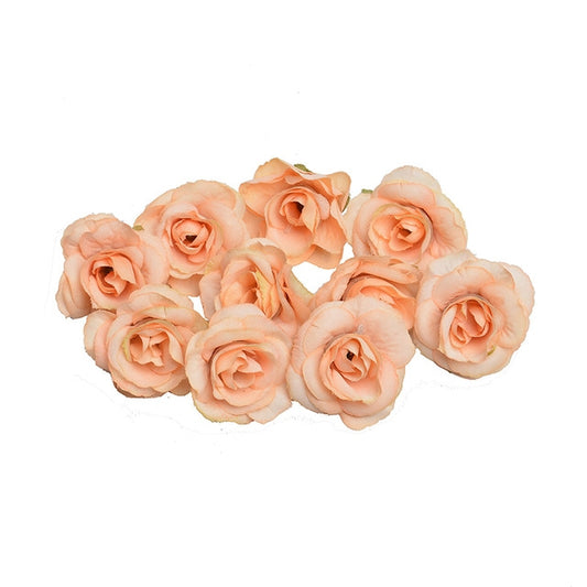 Peach artificial silk rose flower heads set, small 4cm blooms on green stems