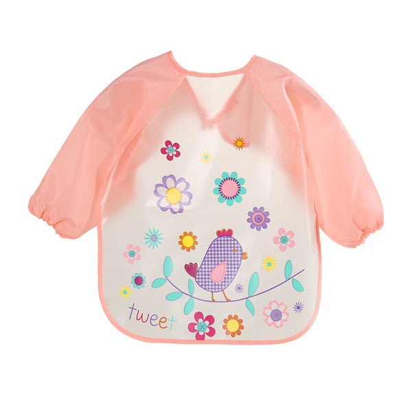 Pink waterproof long-sleeve baby bib apron with colorful flowers and bird print