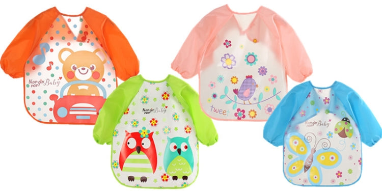 Set of 4 waterproof long-sleeve baby bib aprons with animal prints in orange, pink, green, blue