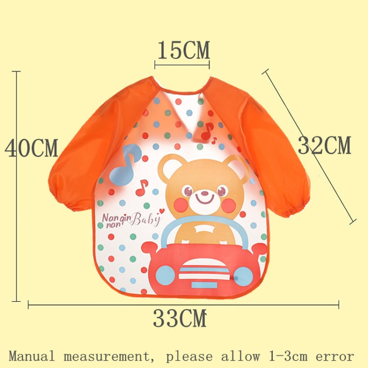 Orange waterproof long-sleeve baby bib apron with bear and car graphic front
