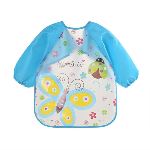 Blue waterproof long-sleeve baby bib apron with butterfly and flower print