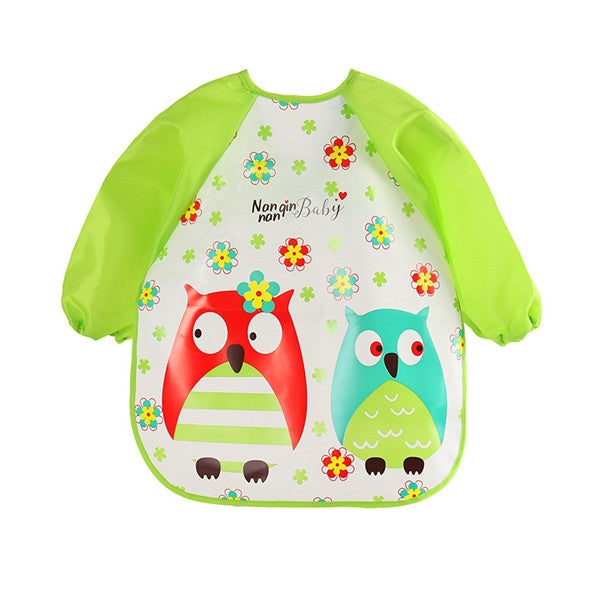 Green waterproof long-sleeve baby bib apron with owl and flower print
