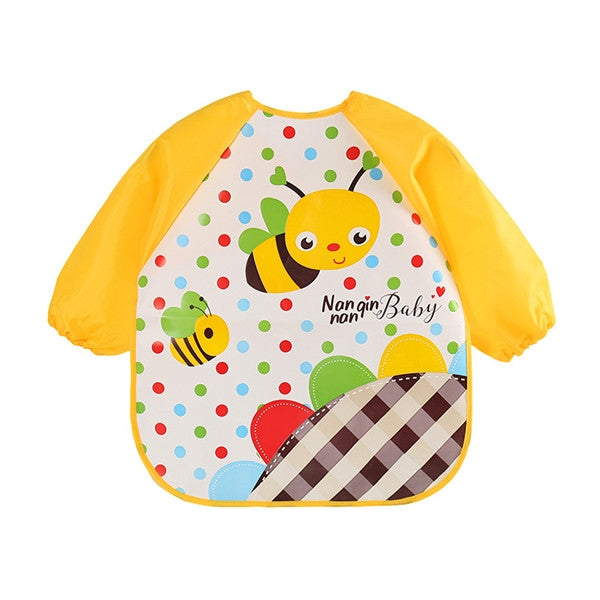 Yellow waterproof long-sleeve baby bib apron with bee and polka dot print