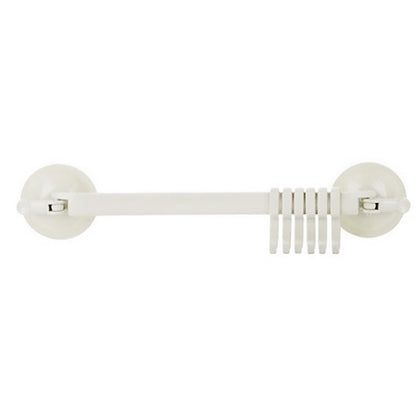 Beige suction cup towel hook bar with two round mounts and locking ridges